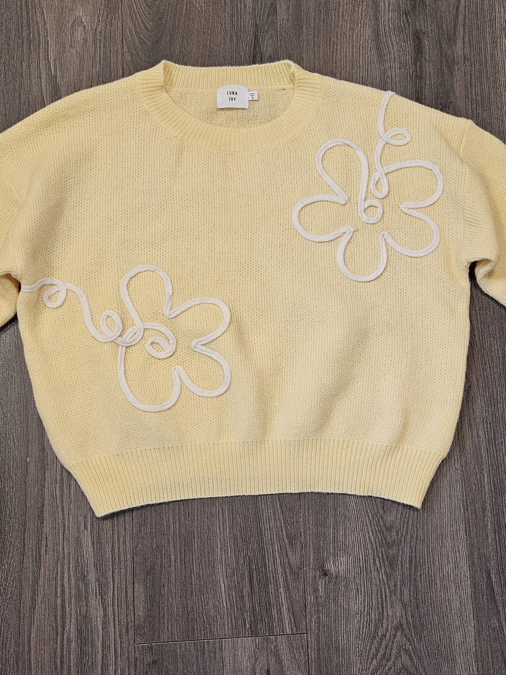 Anthropologie Yellow Floral Appliqué Crewneck Sweater- Women's Size Small